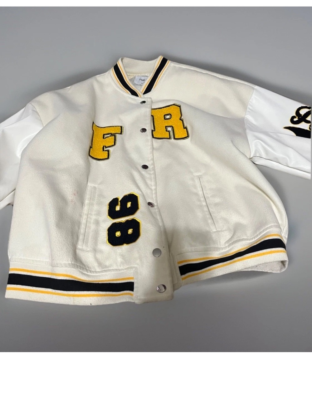 Rue21 White Varsity Jacket with Black and Yellow Lettering